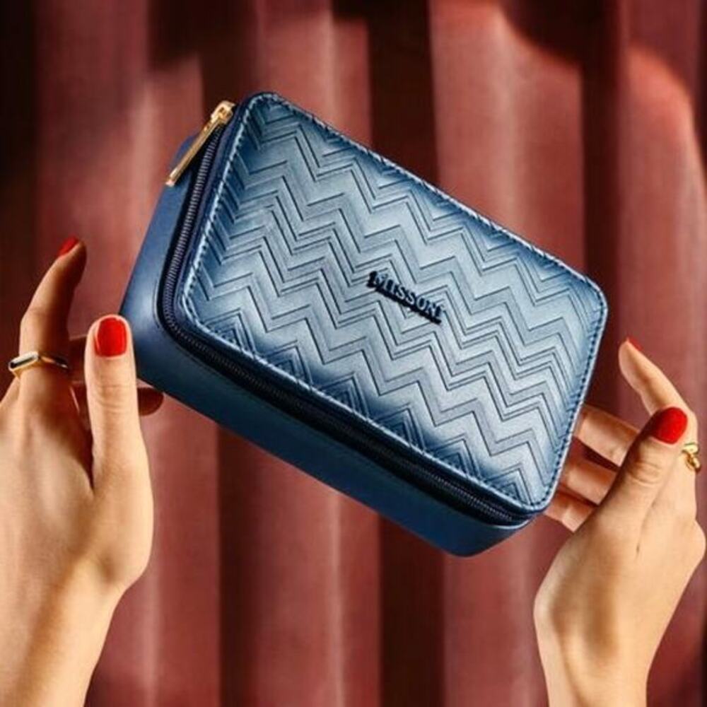 Missoni x Delta One Navy Blue Zigzag Faux Leather Zip Toiletry Cosmetic Case
